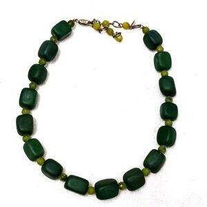 VNT RARE JADE Square Bead Necklace 925 Silver Dark Green + Light Green Beveled